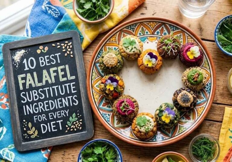 Top-down view of 10 decorated, bite-sized falafel substitutes arranged in a heart shape on a patterned plate with a chalkboard title "10 Best Falafel Substitute Ingredients for Every Diet."