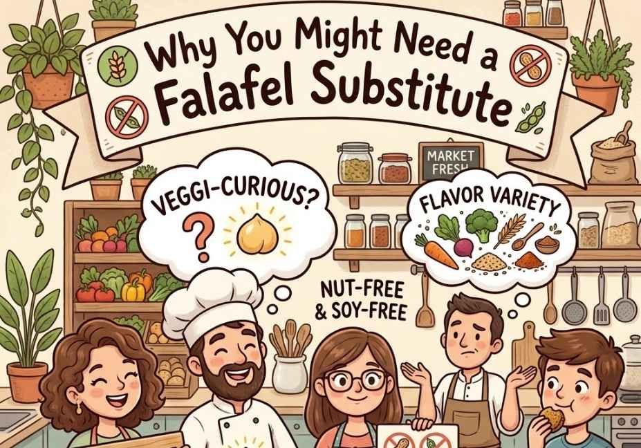 Cute cartoon illustration of people in a kitchen setting holding banners and food plates for dietary needs like gluten-free, allergies, and veggie options, under a banner reading "Why You Might Need a Falafel Substitute."