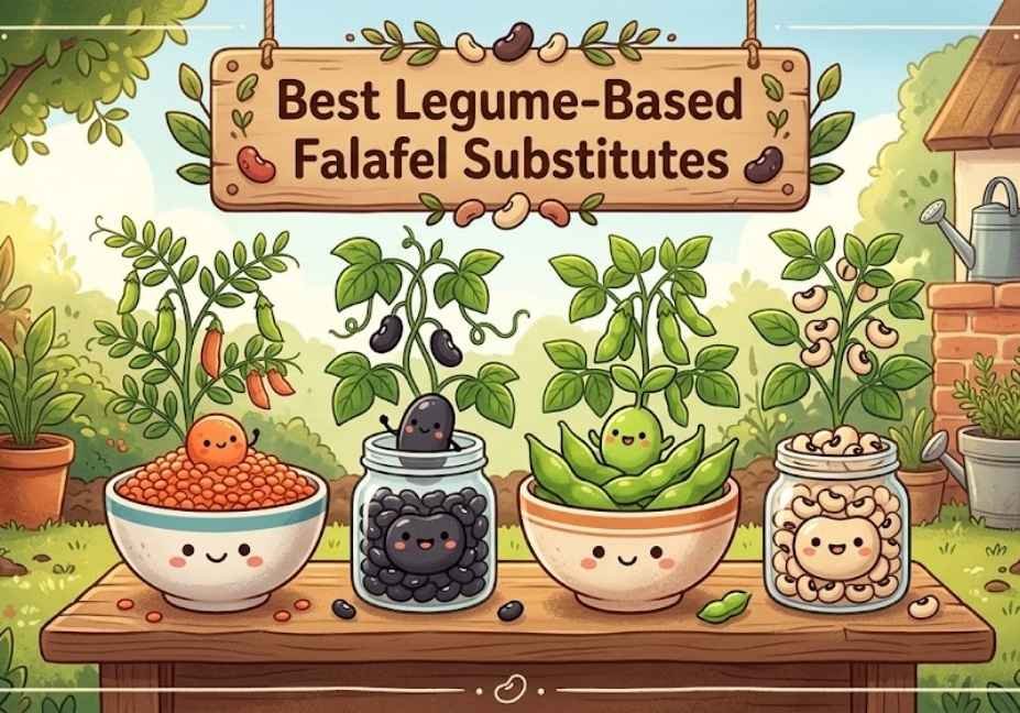 Cute cartoon garden scene featuring smiling bean characters popping out of jars of lentils, black beans, edamame, and black-eyed peas, underneath a hanging wooden sign titled "Best Legume-Based Falafel Substitutes."
