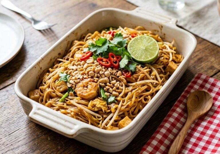 A white ceramic baking dish filled with baked Pad Thai noodles, topped with fresh cilantro, sliced red chilies, crushed peanuts, and a lime wedge, set on a rustic wooden dining table with a red-and-white checkered napkin.