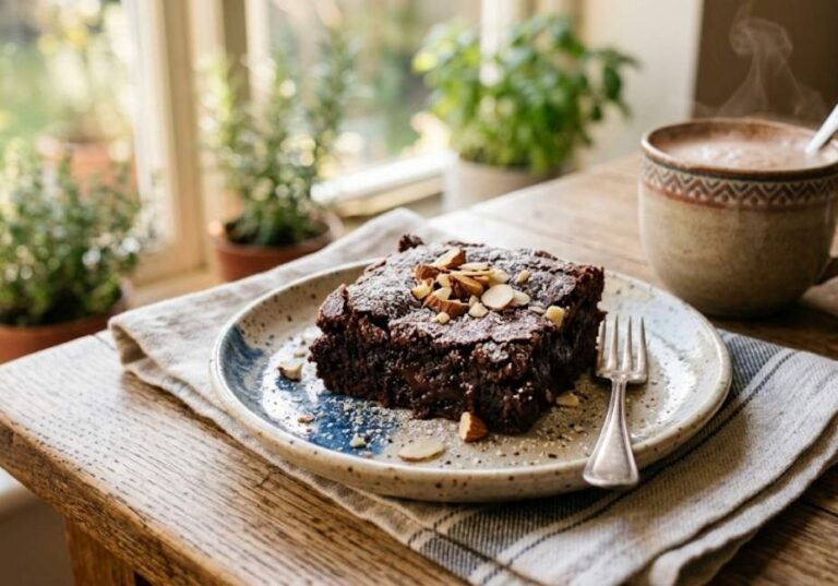 A close-up shot of a dark chocolate fudgy brownie served on a light blue ceramic plate, sprinkled with powdered sweetener and chopped almonds. A fork rests beside it, and a steaming mug of cocoa sits on a rustic wooden table near a window.