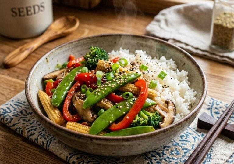 A steaming bowl of colorful fusion vegetable stir-fry with snap peas, red bell peppers, baby corn, broccoli, and shiitake mushrooms over jasmine rice on a wooden kitchen counter.