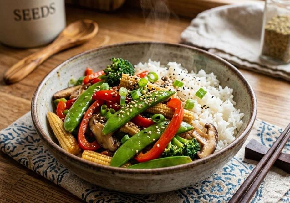 A steaming bowl of colorful fusion vegetable stir-fry with snap peas, red bell peppers, baby corn, broccoli, and shiitake mushrooms over jasmine rice on a wooden kitchen counter.