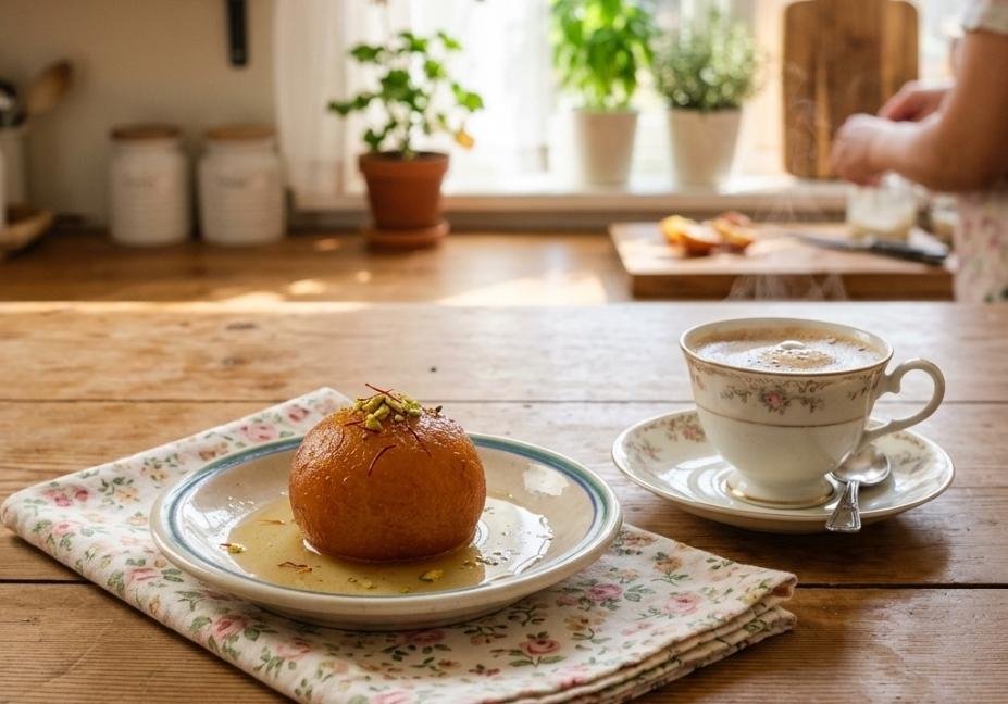 A warm, golden-brown gulab jamun garnished with pistachios on a ceramic plate, sitting on a floral napkin next to a teacup on a sunny wooden kitchen table.