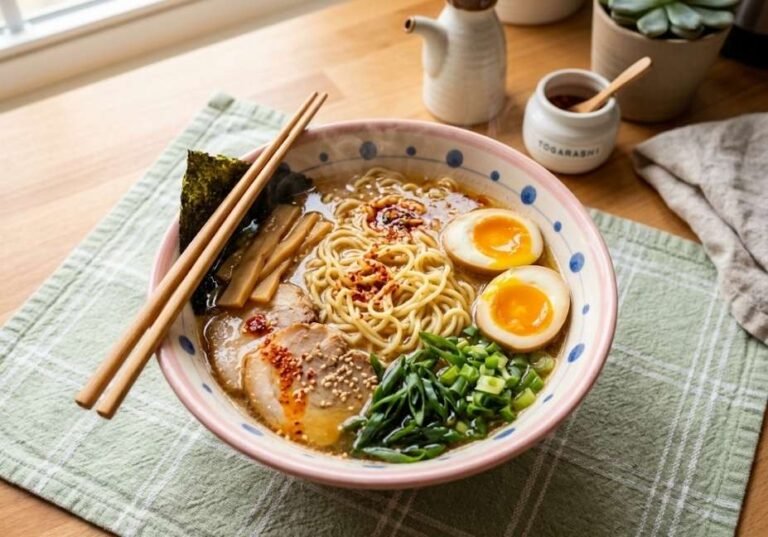A high-angle close-up of a steaming bowl of homemade ramen in a pink polka-dot ceramic bowl on a light green plaid placemat. The bowl is filled with broth, glossy noodles, chashu pork slices, a jammy soft-boiled egg, green onions, nori, and chili flakes, with wooden chopsticks resting on top.
