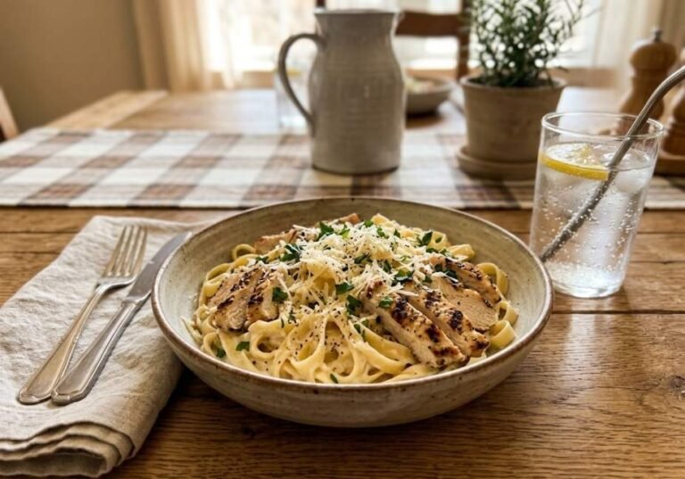 A wide ceramic bowl filled with creamy chicken alfredo pasta topped with sliced grilled chicken breast, shredded parmesan cheese, and chopped fresh parsley, sitting on a wooden dining table next to a folded cloth napkin, cutlery, and a glass of sparkling lemon water.