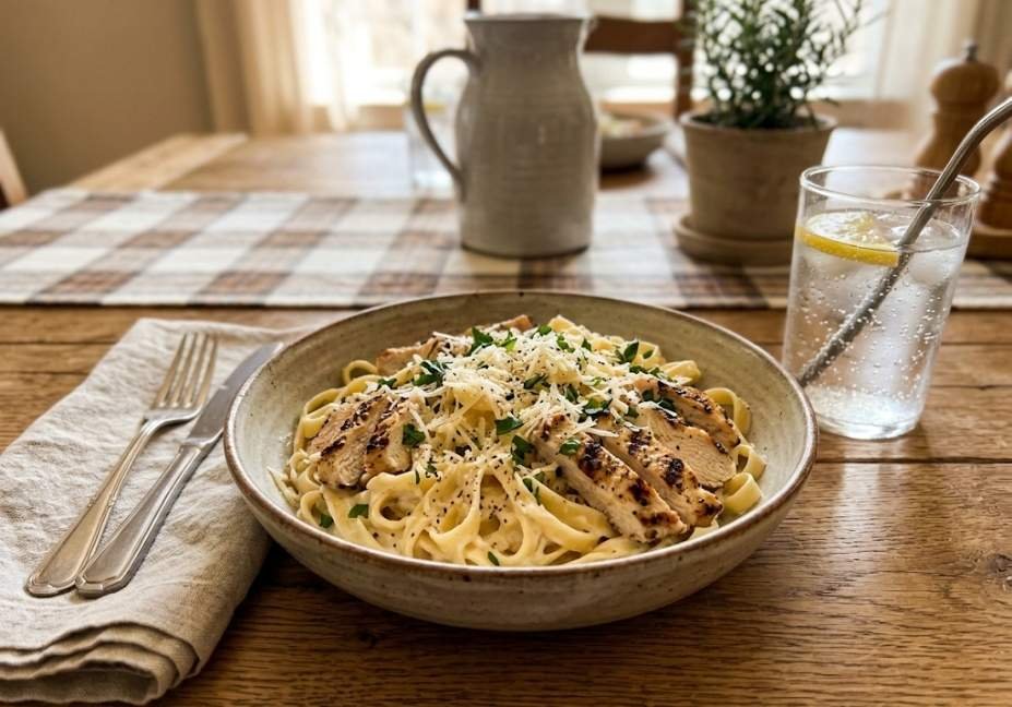 A wide ceramic bowl filled with creamy chicken alfredo pasta topped with sliced grilled chicken breast, shredded parmesan cheese, and chopped fresh parsley, sitting on a wooden dining table next to a folded cloth napkin, cutlery, and a glass of sparkling lemon water.