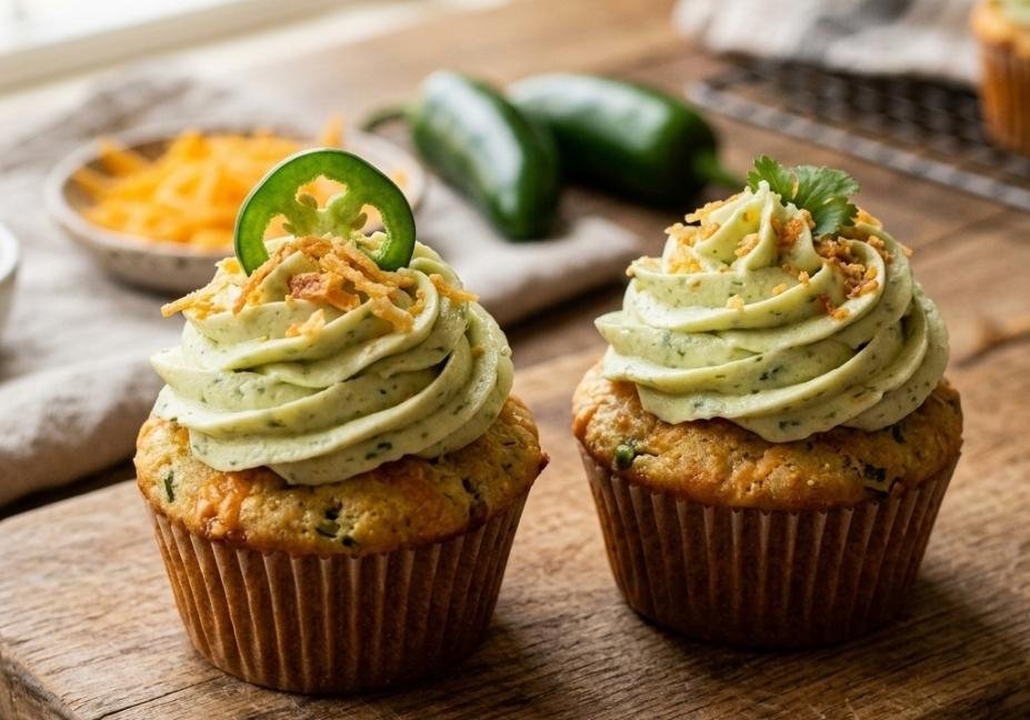 Two savory jalapeño cheddar cupcakes on a wooden cutting board, topped with light green frosting, shredded cheddar, and a fresh jalapeño slice, set on a rustic kitchen counter with whole peppers in the background."
