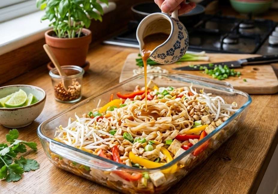 A person drizzling savory sauce from a small pitcher over flat rice noodles, bean sprouts, tofu, and sliced bell peppers arranged in a clear glass baking dish on a wooden kitchen counter.