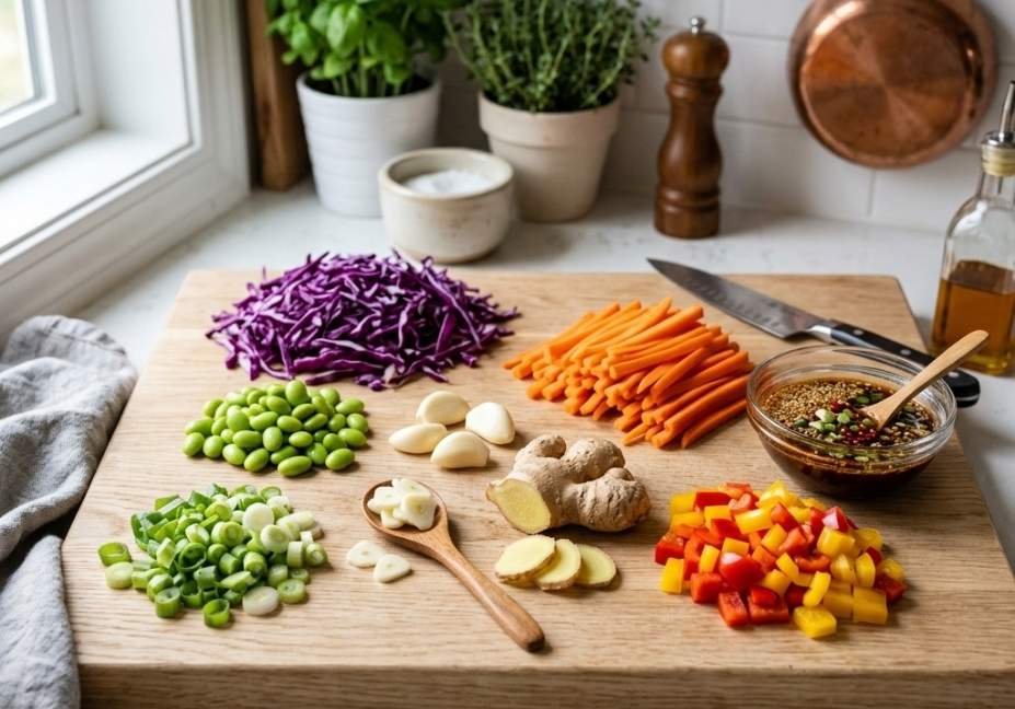 A flat-lay preparation setup of fresh stir-fry ingredients including sliced purple cabbage, julienned carrots, edamame, diced peppers, garlic, ginger, and a bowl of sauce on a wooden cutting board.
