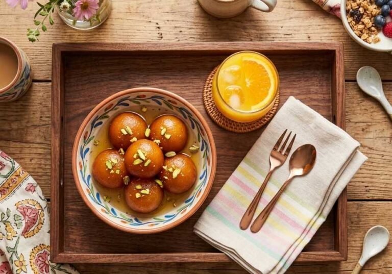 An overhead flat-lay view of a wooden tray with a bowl of syrupy gulab jamuns, a glass of orange juice, cutlery, and pastel breakfast accents on a rustic wooden table.