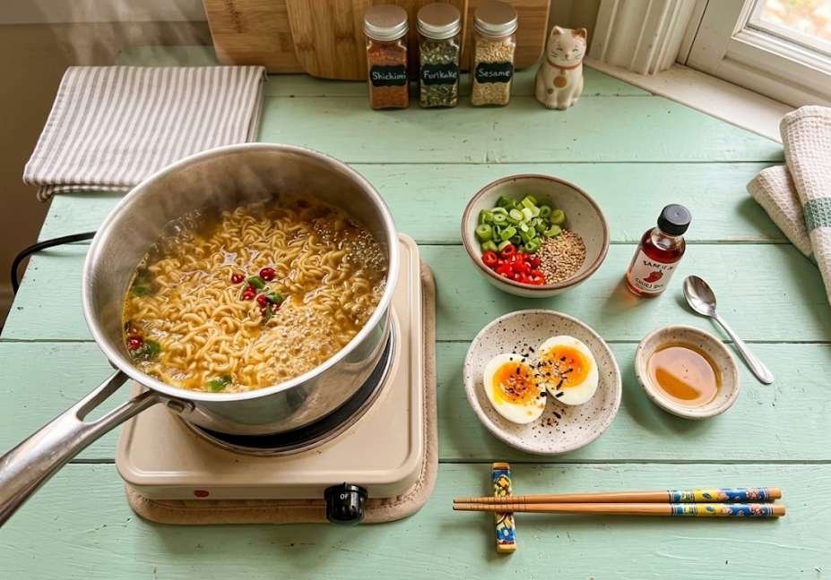 A flat-lay view of a light green wooden table where a small stainless steel pot simmers ramen noodles on a electric hot plate. Surrounding the pot are small bowls containing sliced green onions, chili, sesame seeds, a halved soft-boiled egg, and sesame oil, along with decorative spice jars and chopsticks.