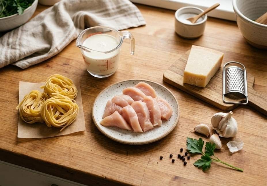 An overhead view of ingredients arranged neatly on a wooden kitchen counter, including nested fettuccine pasta, sliced raw chicken breast on a ceramic plate, a glass measuring cup of heavy cream, a block of parmesan cheese next to a metal grater, and whole garlic cloves.