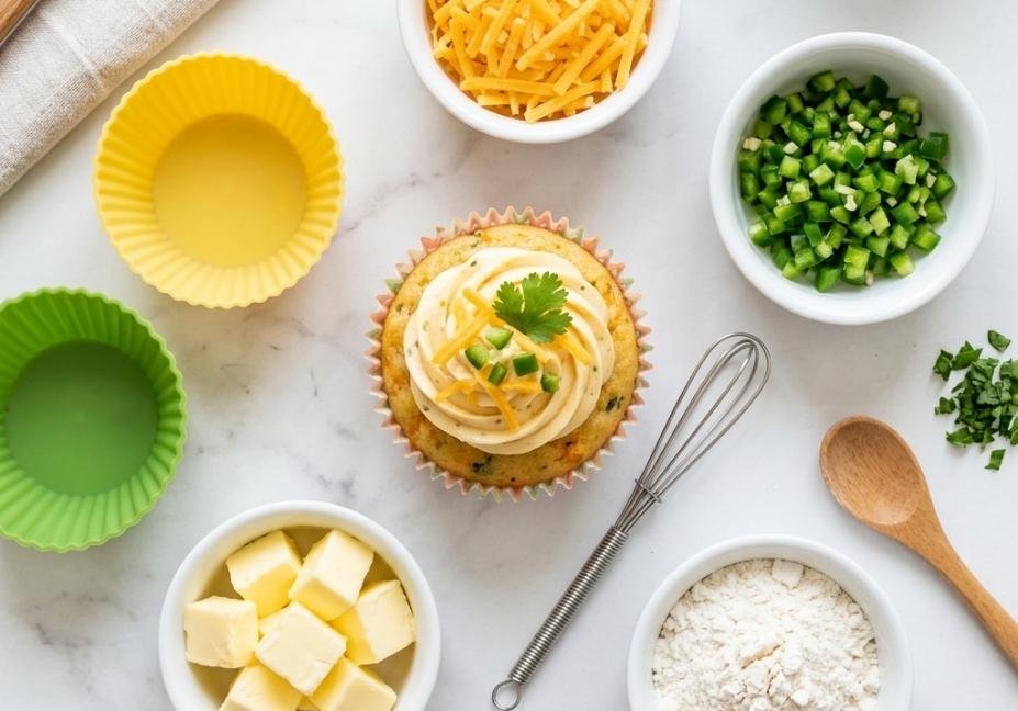 A top-down flat lay view on a white marble surface featuring a jalapeño cheddar cupcake in the center, surrounded by small bowls of shredded cheese, diced jalapeños, butter cubes, flour, and mini baking cups."
