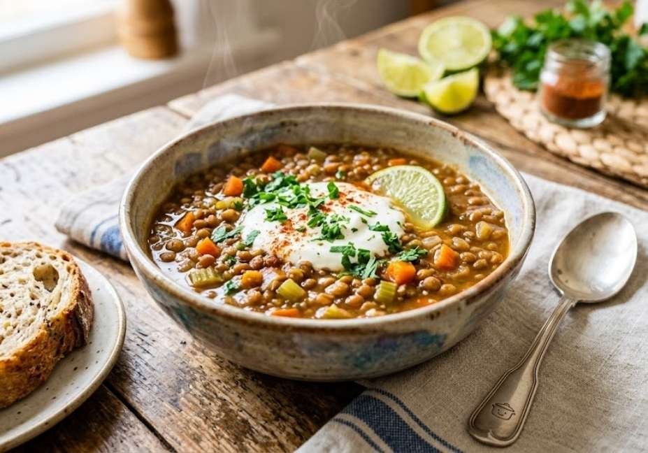 Alt Text: A vibrant, top-down shot of a ceramic bowl filled with steaming, hearty lentil soup, rich with diced carrots and celery. The soup is topped with a creamy swirl, fresh parsley, and a squeeze of lime. It sits on a rustic wooden table with a piece of crusty bread and a vintage silver spoon nearby. Bright daylight and a small, friendly pot illustration create a cozy and inviting feel.