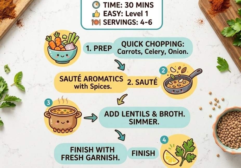 A colorful, infographic-style overview of the lentil soup recipe, presented on a light, textured kitchen counter. Stylized icons and handwritten text connect four simple steps: Prep (chopping vegetables), Sauté (cooking aromatics), Simmer (adding lentils and broth), and Finish (garnishing with lemon and herbs). A prominent box displays 'Cute Stats': Time 30 Mins, Easy Level 1, and Servings 4-6. The bright, cheerful aesthetic uses teals, yellows, and browns.