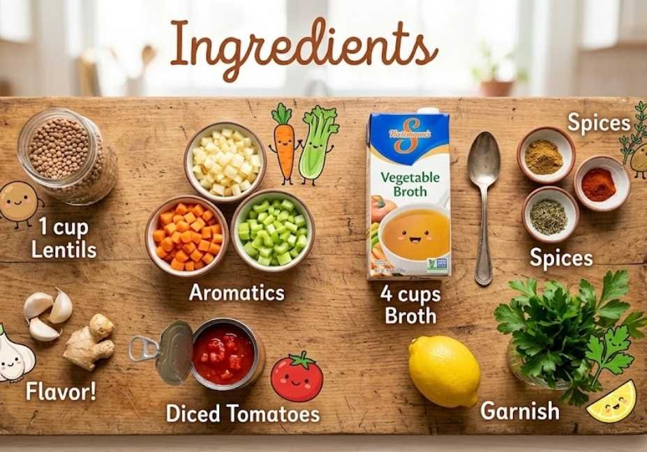 A charming, organized flat-lay photograph of all the ingredients needed for the lentil soup, arranged neatly on a marble countertop or rustic wooden board. Clearly labeled glass jars and small bowls hold dried brown lentils, chopped aromatics (onion, celery, carrot), flavorings (garlic, ginger), and spices (cumin, paprika, thyme). A carton of vegetable broth, a can of diced tomatoes, and fresh garnishes (lemon, parsley) are also beautifully presented. Small, whimsical illustrations of a happy carrot and smiling parsley add a cute, lighthearted touch.