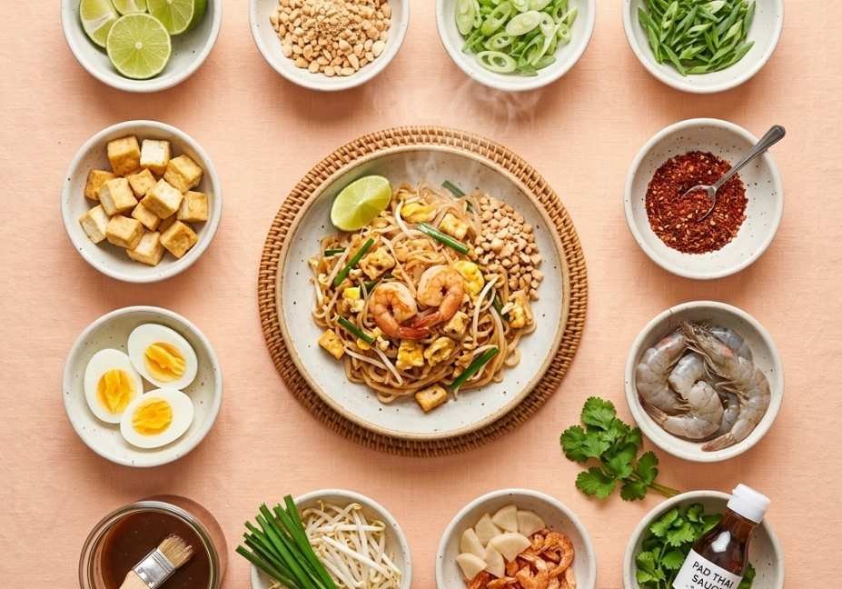 An overhead flat-lay view of a bowl of cooked Pad Thai surrounded by small ceramic dishes holding raw ingredients including lime wedges, peanuts, green onions, boiled eggs, shrimp, and chili flakes on a light pink background.