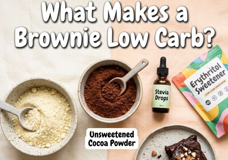 A square flat-lay photo showcasing low-carb brownie ingredients: bowls of almond flour and cocoa powder, a bottle of stevia, and a package of erythritol, alongside a plate of fresh brownies. The title "What Makes a Brownie Low Carb?" is centered at the top in bold white text.