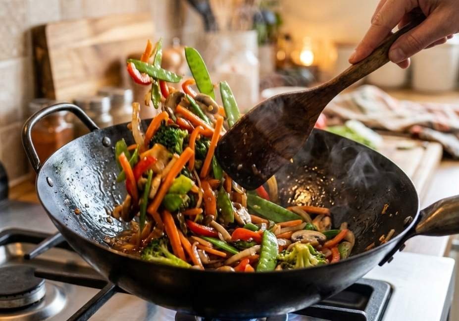 An active cooking shot of a hot stir-fry being tossed with a wooden spatula in a dark metal wok over an open flame on a modern kitchen stove.