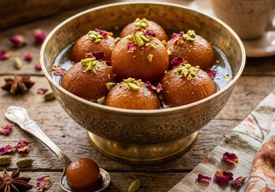 A close-up shot of golden gulab jamuns garnished with pistachios and rose petals served in an ornate brass bowl on a rustic wooden tabletop