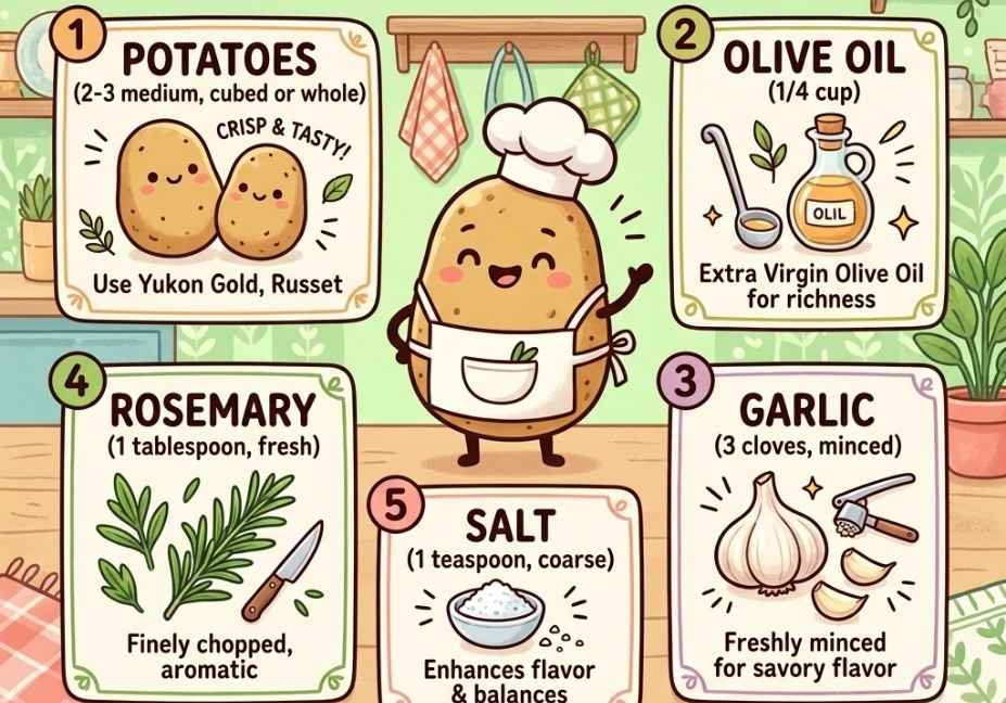 An infographic illustration displaying key potato marinade ingredients: potatoes, olive oil, garlic, rosemary, and salt, with a chef cartoon potato.