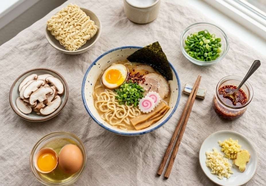 A top-down arrangement on a beige linen tablecloth centered around a ceramic bowl of ramen with a soft-boiled egg, narutomaki, and scallions. Small glass and ceramic dishes containing raw noodles, sliced mushrooms, chopped green onions, raw egg, chili oil, and minced ginger are neatly placed around the main bowl.