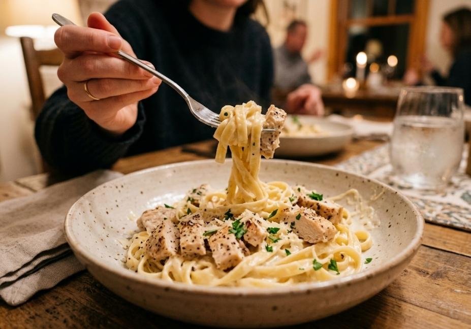 A close-up view of a hand twirling creamy fettuccine pasta and a piece of chicken onto a fork from a bowl of chicken alfredo, set on a wooden table in a warmly lit room.
