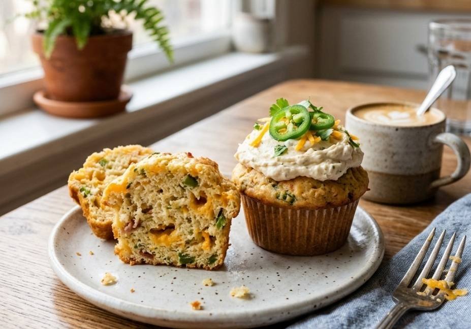 "A jalapeño cheddar cupcake sliced in half on a ceramic plate to reveal melted cheese and green pepper flecks, alongside a whole frosted cupcake and a coffee mug near a sunlit window."