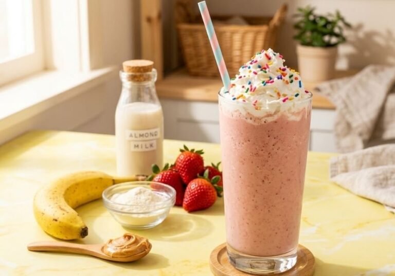 [A tall glass of strawberry protein smoothie topped with whipped cream and sprinkles, surrounded by a banana, protein powder, almond milk, peanut butter, and strawberries on a yellow marble counter.]