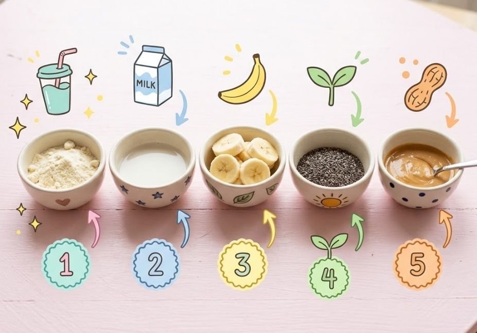 [A top-down view of five ceramic bowls containing protein shake ingredients on a pink table, labeled with cute illustrated numbers and icons from 1 to 5.]
