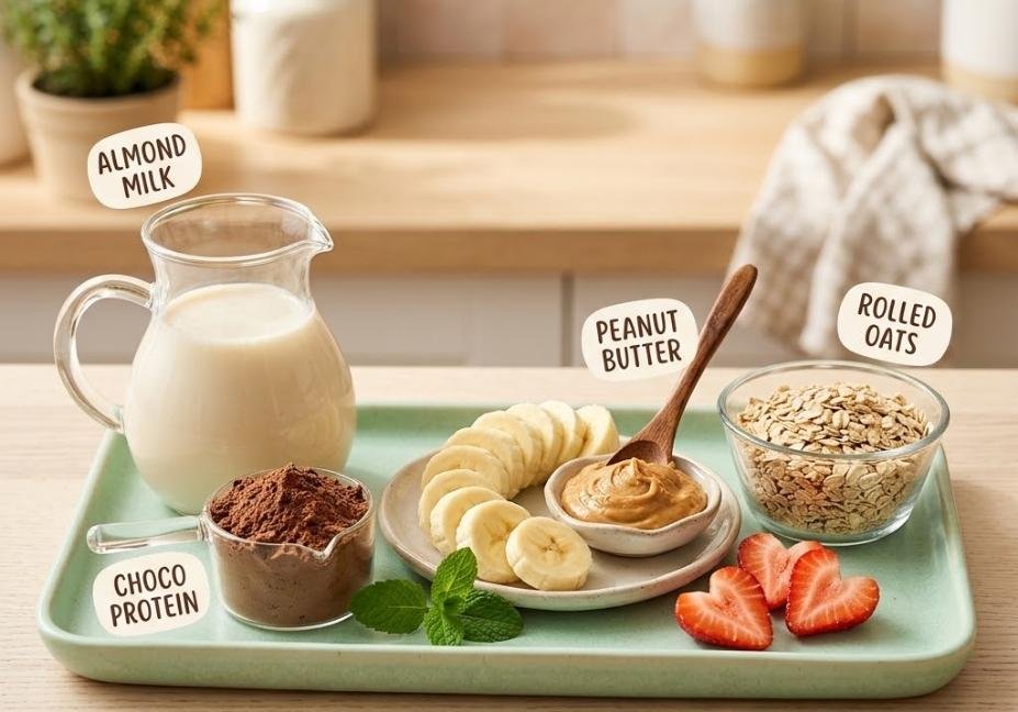 [A mint green tray on a kitchen counter holding almond milk, chocolate protein powder, sliced bananas, peanut butter, rolled oats, and heart-shaped strawberries with ingredient labels.