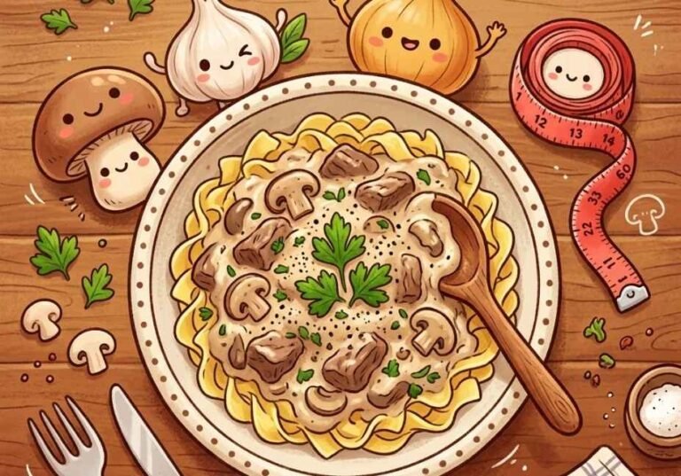 Garnished with fresh parsley and surrounded by smiling kawaii-style mini ingredients and a measuring tape. Set against a cozy, warm wooden kitchen countertop background with soft, inviting lighting.