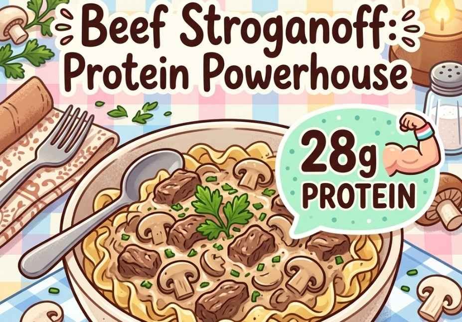 A friendly speech bubble highlights 28g of protein alongside a cute flexing muscle icon.
Set against a bright pastel checkered background with scattered herbs and kitchen elements.
