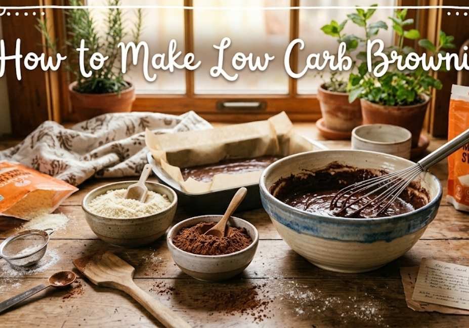 A cozy baking scene on a wooden kitchen counter featuring bowls of almond flour, dark cocoa powder, and chocolate brownie batter with a whisk. The text "How to Make Low Carb Brownies" is displayed in a white, handwritten font across the top.