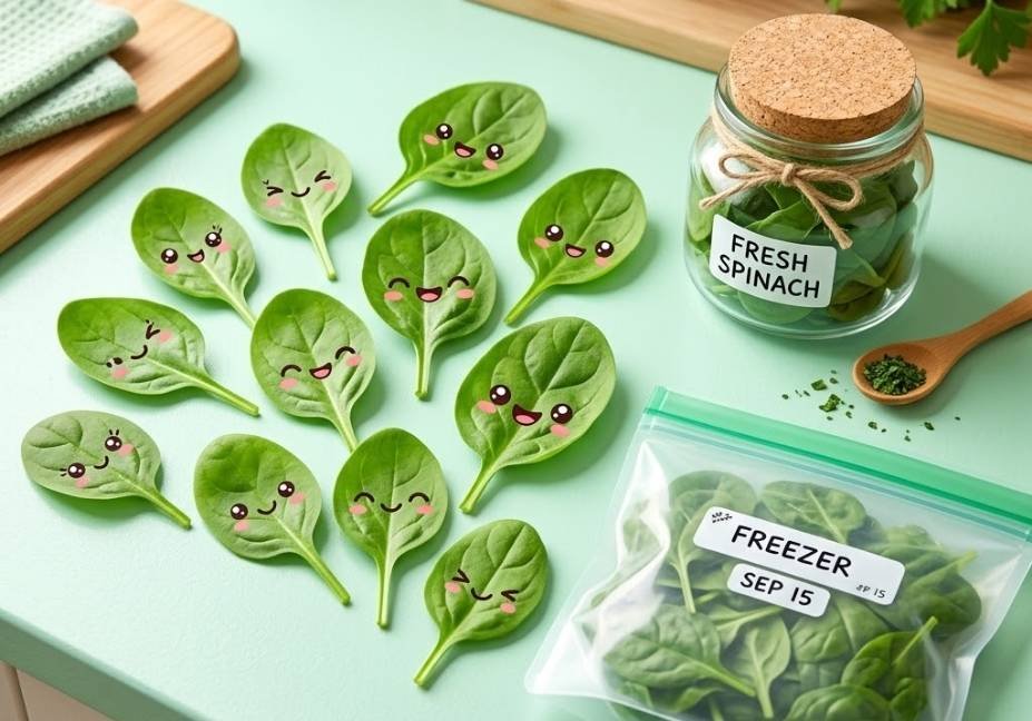 Flat-lay food photography on a mint-green kitchen counter featuring fresh green spinach leaves styled with happy kawaii cartoon faces, placed alongside a clear glass storage jar and a labeled ziplock freezer bag.