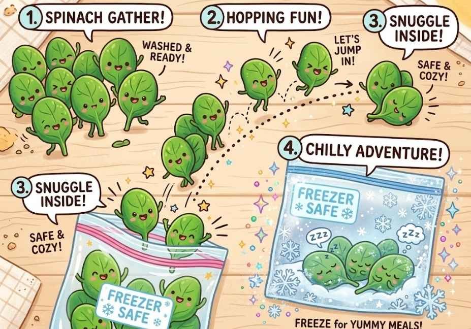 A step-by-step visual illustration on a light wood kitchen table depicting cute spinach leaf characters happily jumping into a clear freezer bag with sparkles, ice crystals, and numbered step labels.