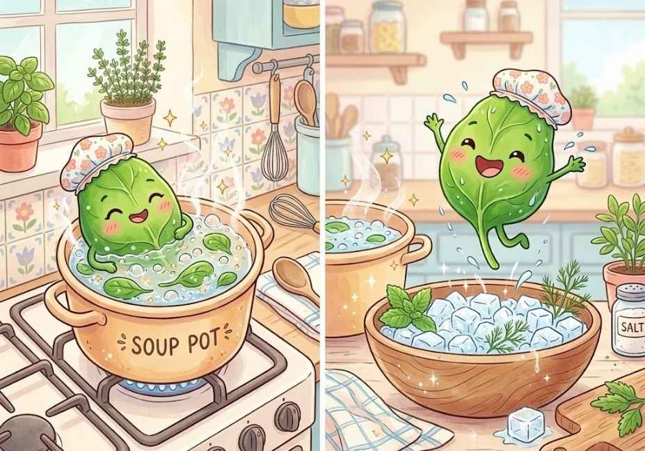 A split-panel pastel illustration showing a friendly spinach leaf character wearing a shower cap taking a warm bath in a steaming pot on the stove, then leaping joyfully into a bowl full of ice cubes to blanch.