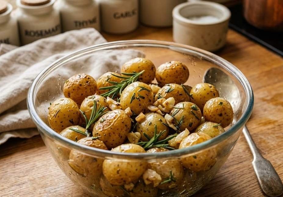 A clear glass bowl filled with marinated baby potatoes tossed in olive oil, fresh rosemary sprigs, and minced garlic on a rustic wooden countertop.