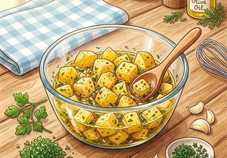 An illustration of golden potato cubes soaking in a glass bowl of herb marinade, surrounded by fresh garlic, parsley, and olive oil on a wooden table.