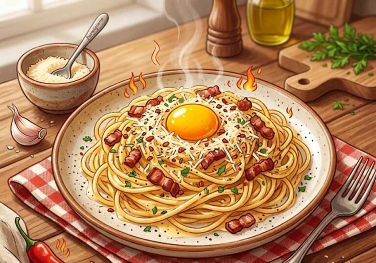 A cute food illustration of a piping-hot plate of creamy spaghetti carbonara on a red-and-white checkered napkin, topped with crispy bacon bits, grated cheese, an egg yolk, and cartoon-style red flame accents.