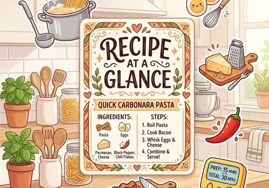 A cute graphic illustration titled "Recipe at a Glance" featuring a decorative recipe card surrounded by ingredients including eggs, pasta in a pot, Parmesan cheese, bacon, chili peppers, and a kitchen timer.
