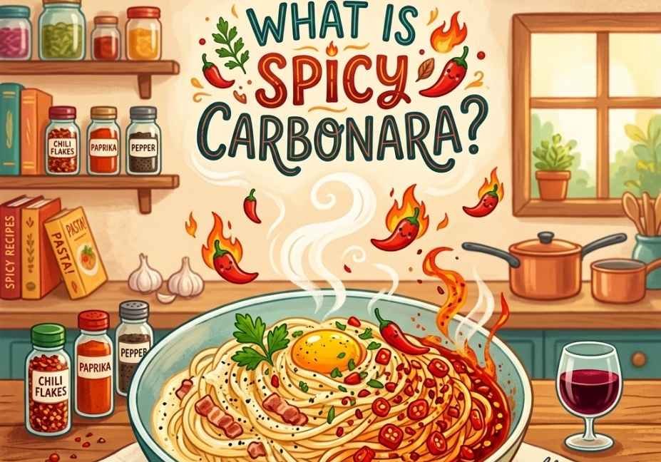 A colorful illustration titled "What Is Spicy Carbonara?" showing a bowl of pasta blending creamy carbonara on one side with a red spicy sauce and cartoon chili flames on the other, set in a cozy kitchen background.