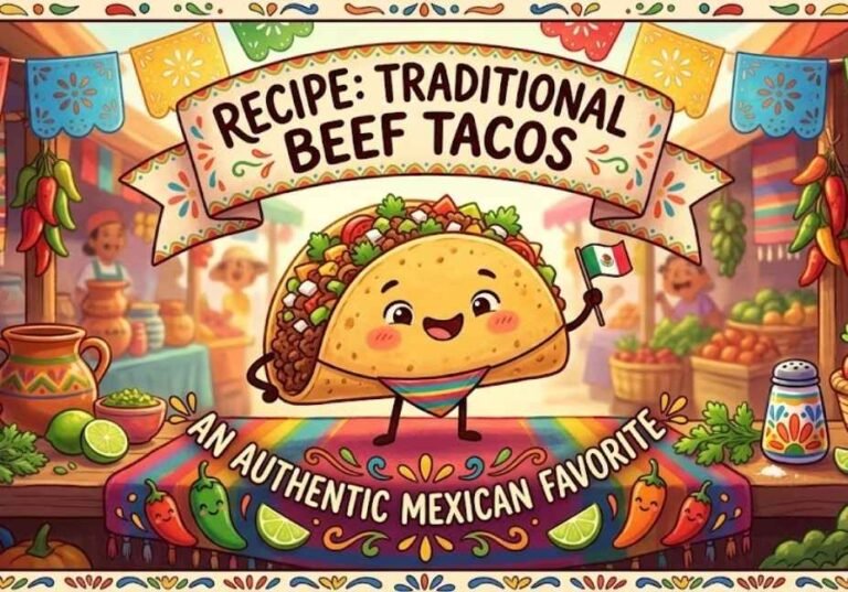 Animated illustration of a smiling cartoon taco holding a Mexican flag in front of a colorful market, with banners reading "Recipe: Traditional Beef Tacos" and "An Authentic Mexican Favorite."