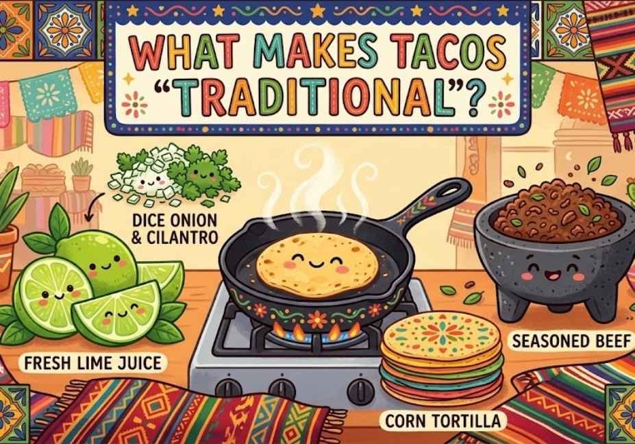 Informational cartoon banner titled "What Makes Tacos Traditional?" showing smiling taco ingredients including a corn tortilla in a frying pan, lime wedges, diced onions, cilantro, and beef.