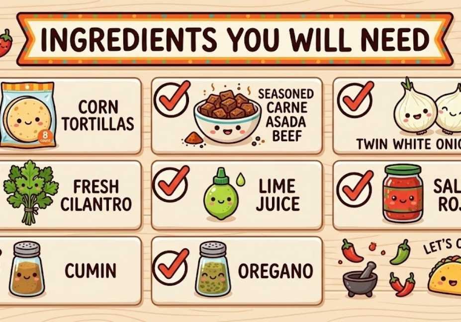 Illustrated ingredient checklist titled "Ingredients You Will Need" featuring cute cartoon icons for corn tortillas, carne asada beef, white onions, cilantro, lime juice, salsa roja, cumin, and oregano.