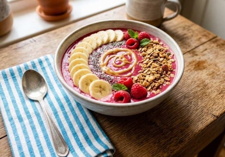"A bright, top-down view of a vibrant pink smoothie bowl on a rustic wooden table, artfully topped with sliced bananas, a peanut butter swirl, granola, raspberries, and chia seeds, set next to a striped blue napkin and a silver spoon.