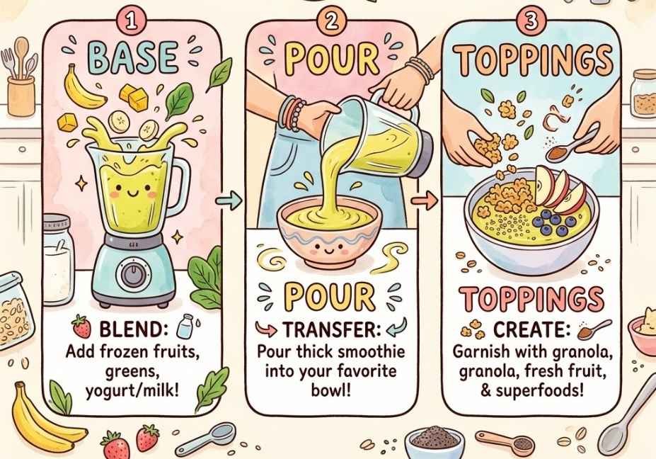 "A cute, pastel-colored 3-step graphic flowchart titled 'Your Perfect Smoothie Bowl in 3 Easy Steps!', showing illustrated panels for blending the base, pouring into a bowl, and adding simple toppings."