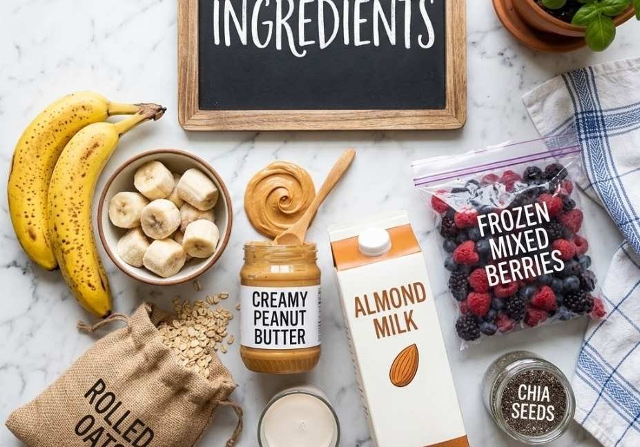 A flat lay photograph on a light marble countertop featuring a small chalkboard sign that says 'INGREDIENTS' above arranged smoothie ingredients: ripe bananas, frozen banana slices, rolled oats, peanut butter, almond milk, frozen berries, and chia seeds."