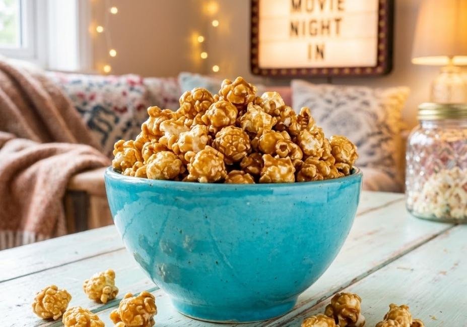 A turquoise bowl brimming with glossy, golden caramel popcorn on a pastel tabletop, with a warm, cozy movie-night background.